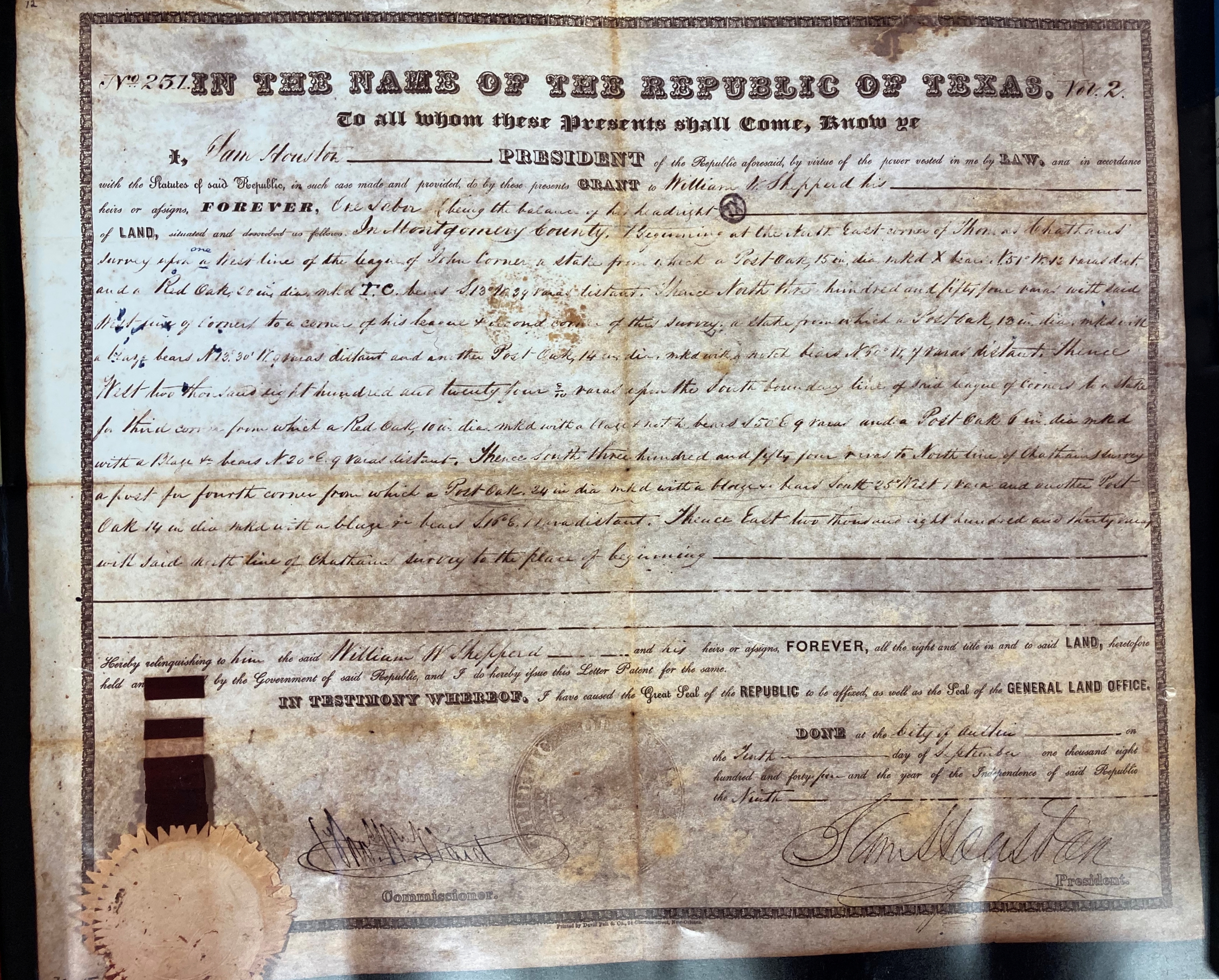 1844 Land Grant Certificate to W. W. Shepperd signed by President Sam Houston